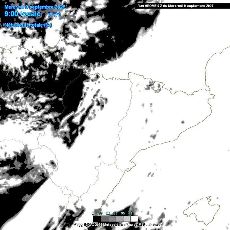 Cobertura nuvolosa prevista al llarg del dia (model AROME, alta resolució sobre Catalunya).