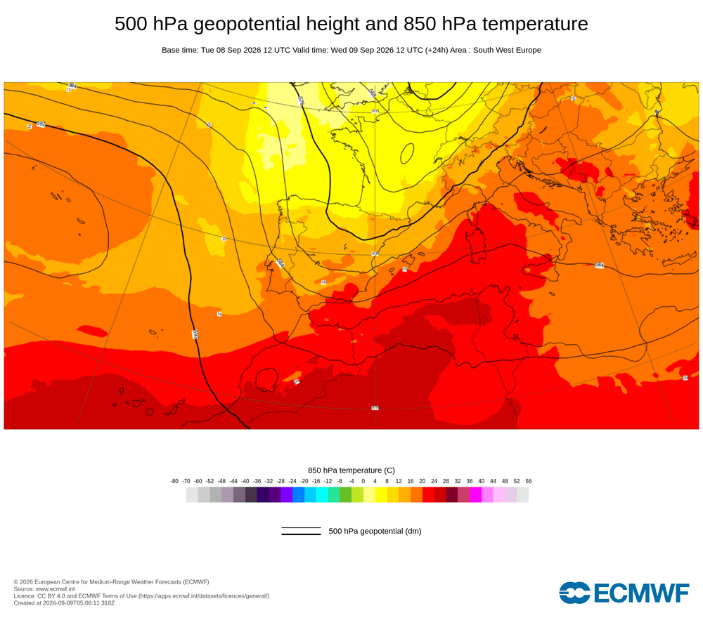 Geopotencial a 500 hPa i temperatura a 850 hPa: convergència de flux marítim en superfície amb rebuf costaner.