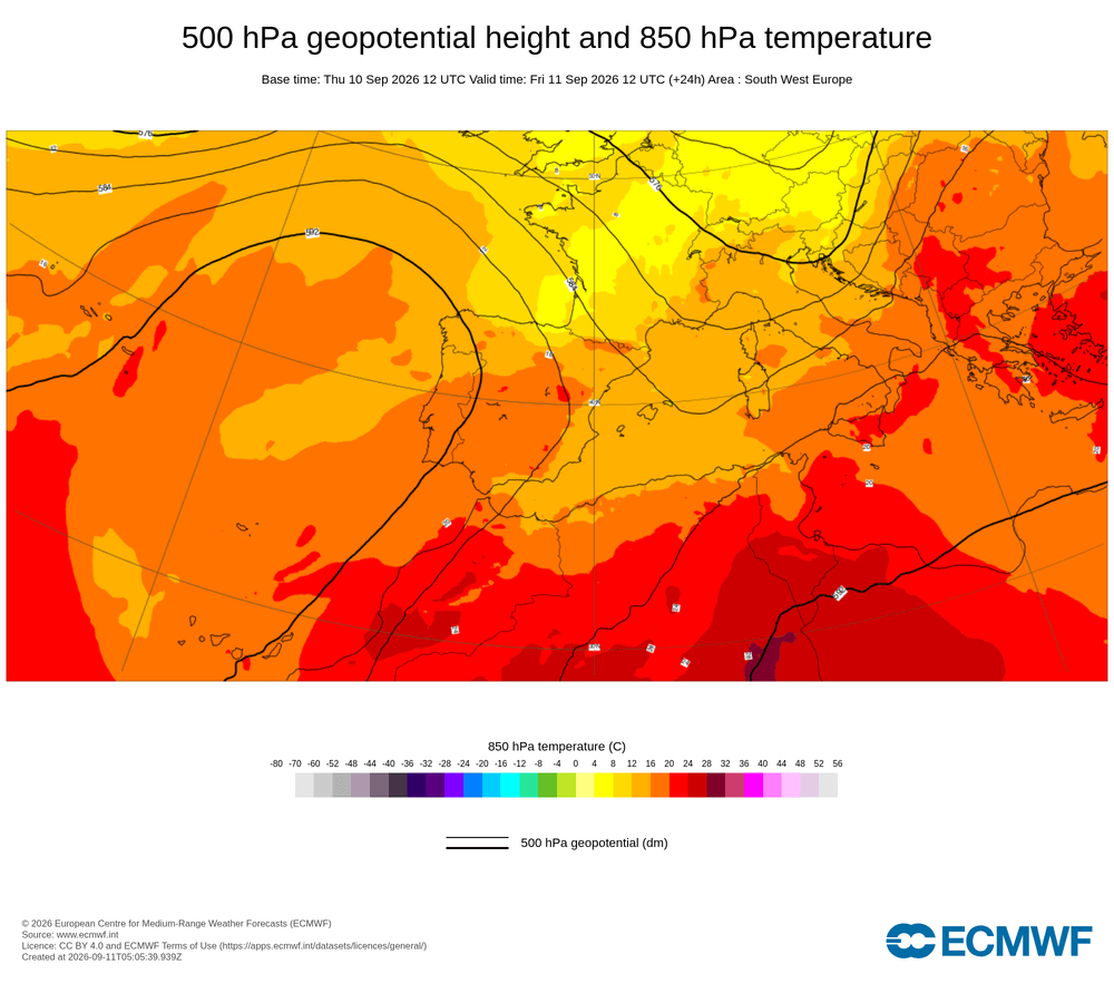 Geopotencial a 500 hPa i temperatura a 850 hPa: anticicló dominant tallant la circulació de borrasques.