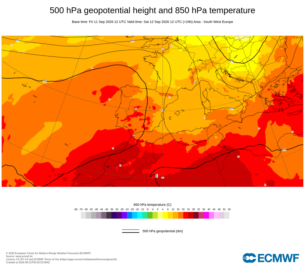 Geopotencial a 500 hPa i temperatura a 850 hPa: bloqueig anticiclònic atlàntic amb desviació de borrasques.
