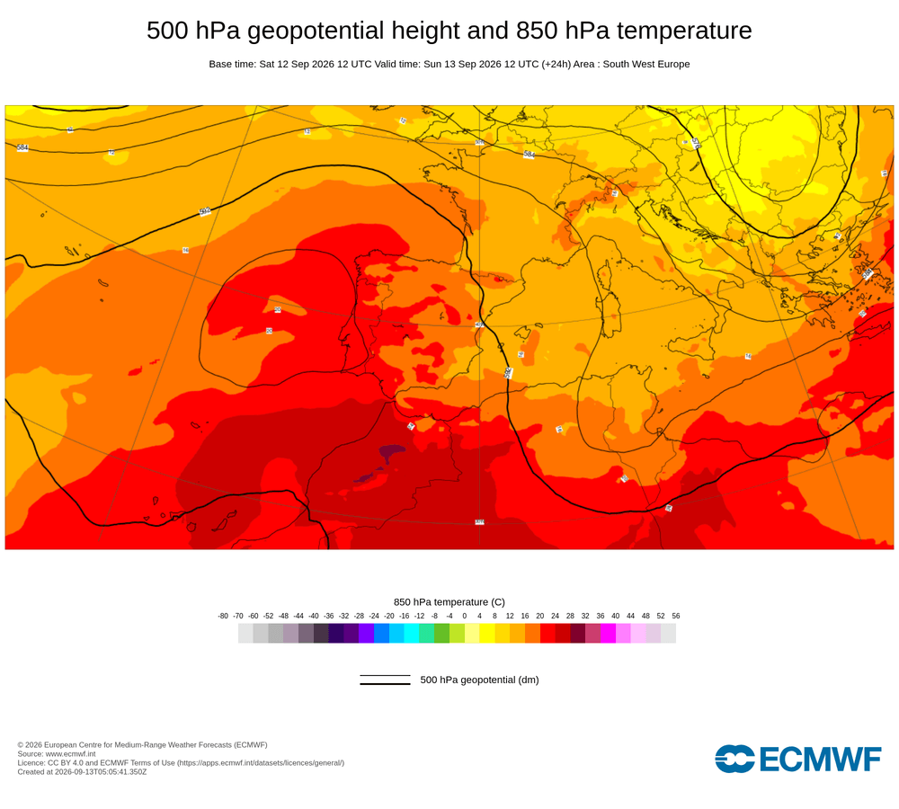 Geopotencial a 500 hPa i temperatura a 850 hPa: dorsal càlida subtropical amb circulació d'aire africà en alçada.