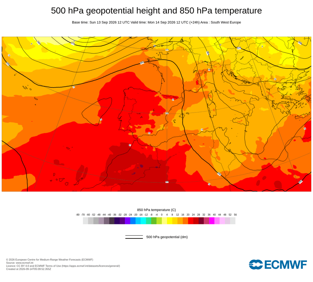 Geopotencial a 500 hPa i temperatura a 850 hPa: dorsal càlida subtropical amb impuls d'aire calent en alçada.