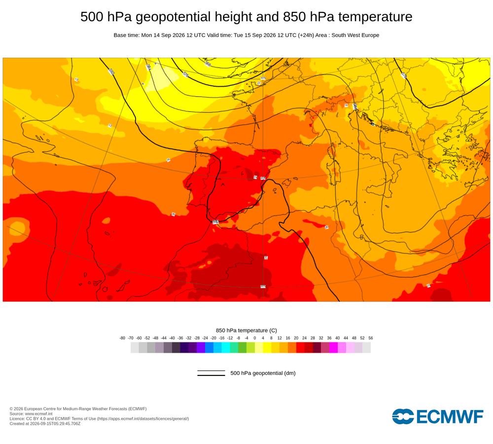 Geopotencial a 500 hPa i temperatura a 850 hPa: dorsal càlida subtropical en alçada amb advecció d'aire saharià.