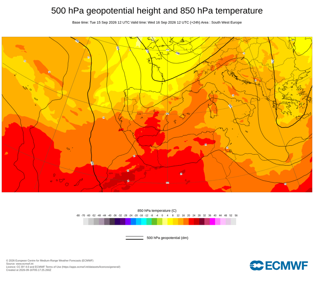 Geopotencial a 500 hPa i temperatura a 850 hPa: convergència de flux marítim en superfície amb rebuf costaner.