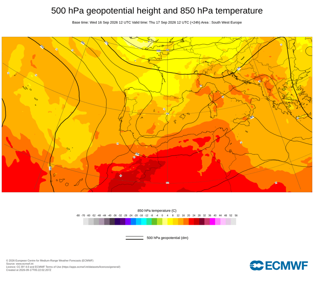 Geopotencial a 500 hPa i temperatura a 850 hPa: convergència costanera amb flux de retorn en superfície.