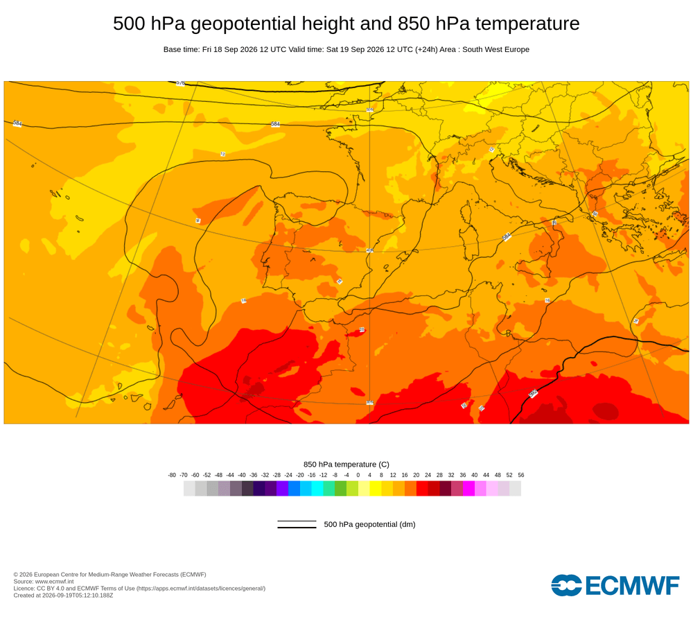 Geopotencial a 500 hPa i temperatura a 850 hPa: anticicló atlàntic bloquejant amb circulació de borrasques desviada al nord.