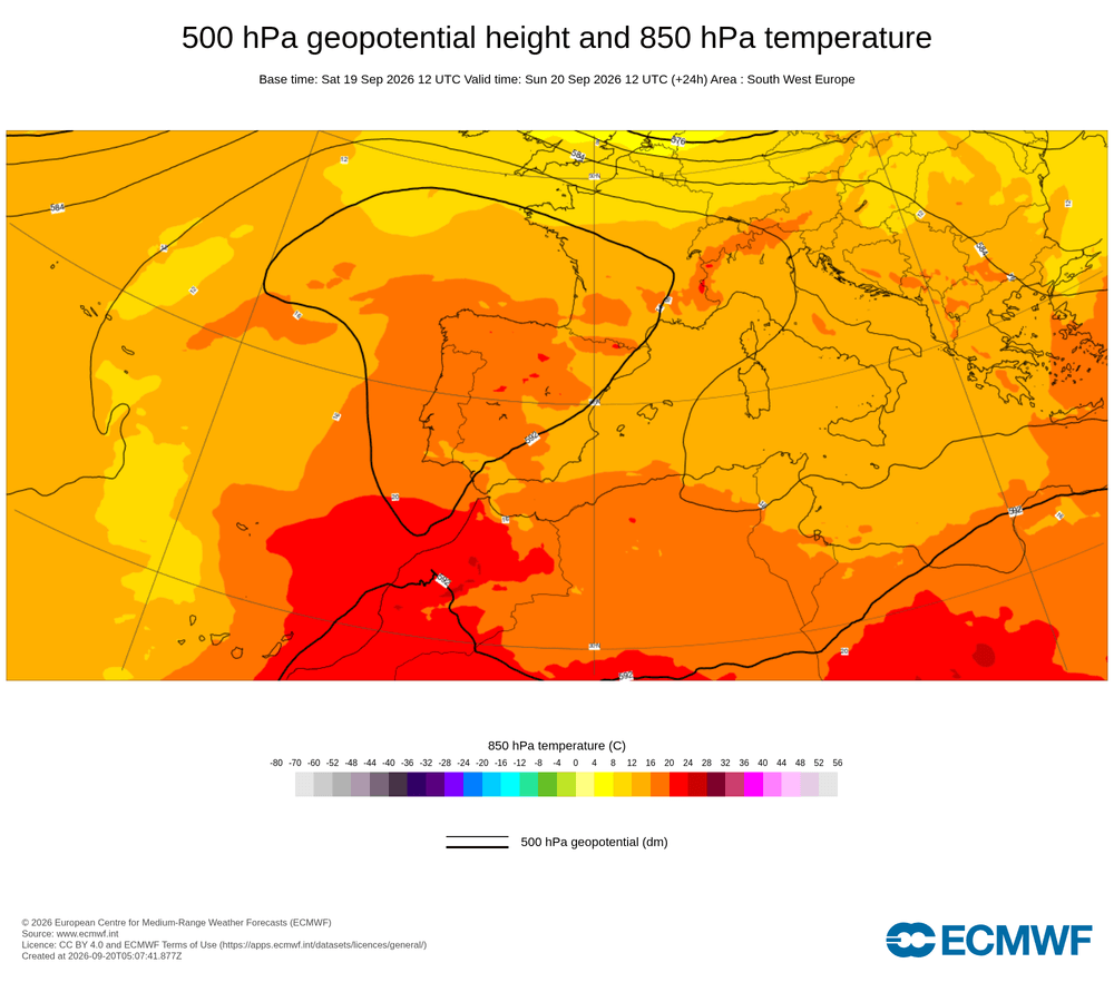 Geopotencial a 500 hPa i temperatura a 850 hPa: dorsal càlida subtropical amb impuls d'aire calent en alçada.
