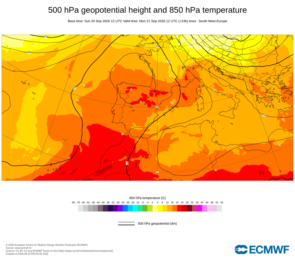 Geopotencial a 500 hPa i temperatura a 850 hPa: dorsal càlida subtropical amb impuls d'aire calent en alçada.