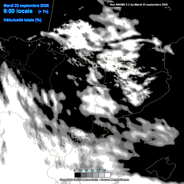 Cobertura nuvolosa prevista al llarg del dia (model AROME, alta resolució sobre Catalunya).