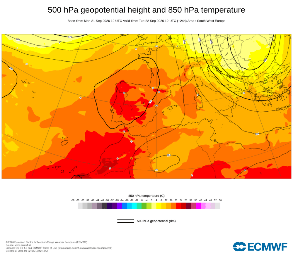 Geopotencial a 500 hPa i temperatura a 850 hPa: establiment de bloqueig anticiclònic atlàntic amb desviació de borrasques.