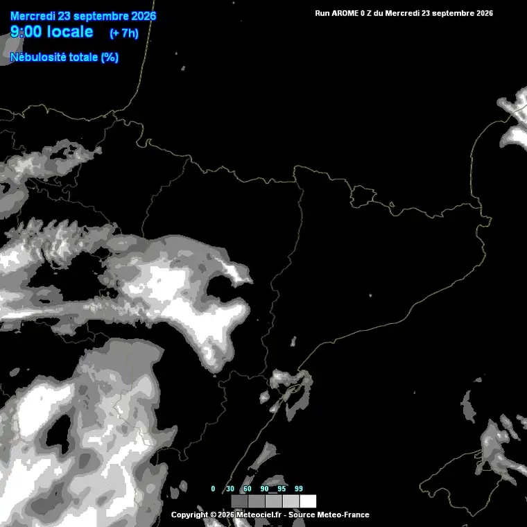 Cobertura nuvolosa prevista al llarg del dia (model AROME, alta resolució sobre Catalunya).