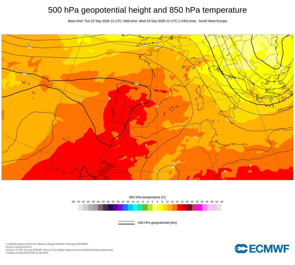 Geopotencial a 500 hPa i temperatura a 850 hPa: bloqueig anticiclònic atlàntic amb desviació de borrasques.