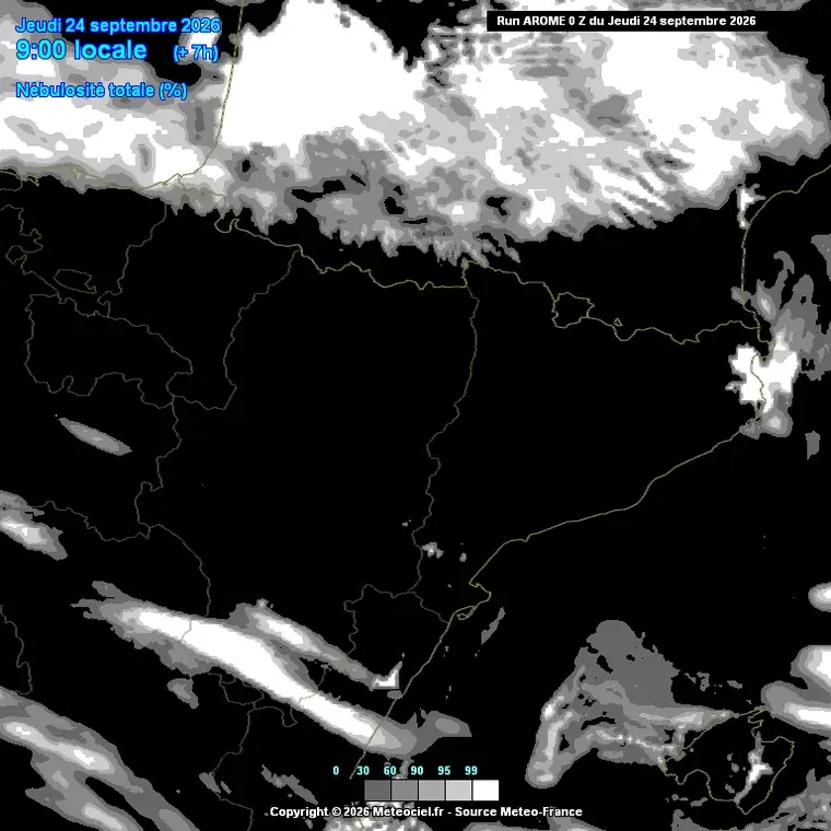 Cobertura nuvolosa prevista al llarg del dia (model AROME, alta resolució sobre Catalunya).