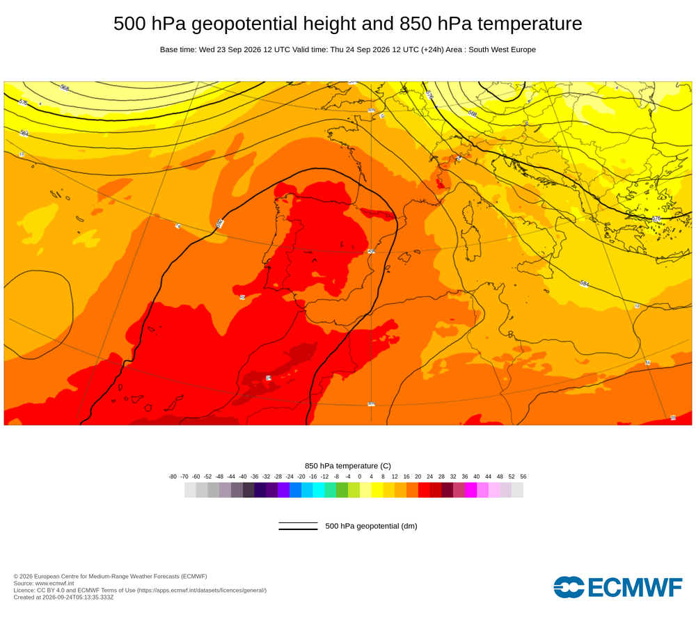 Geopotencial a 500 hPa i temperatura a 850 hPa: dorsal càlida subtropical amb reforç de massa d'aire càlid en alçada.