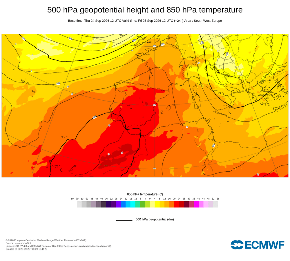 Geopotencial a 500 hPa i temperatura a 850 hPa: dorsal càlida subtropical amb transport d'aire africà en alçada.