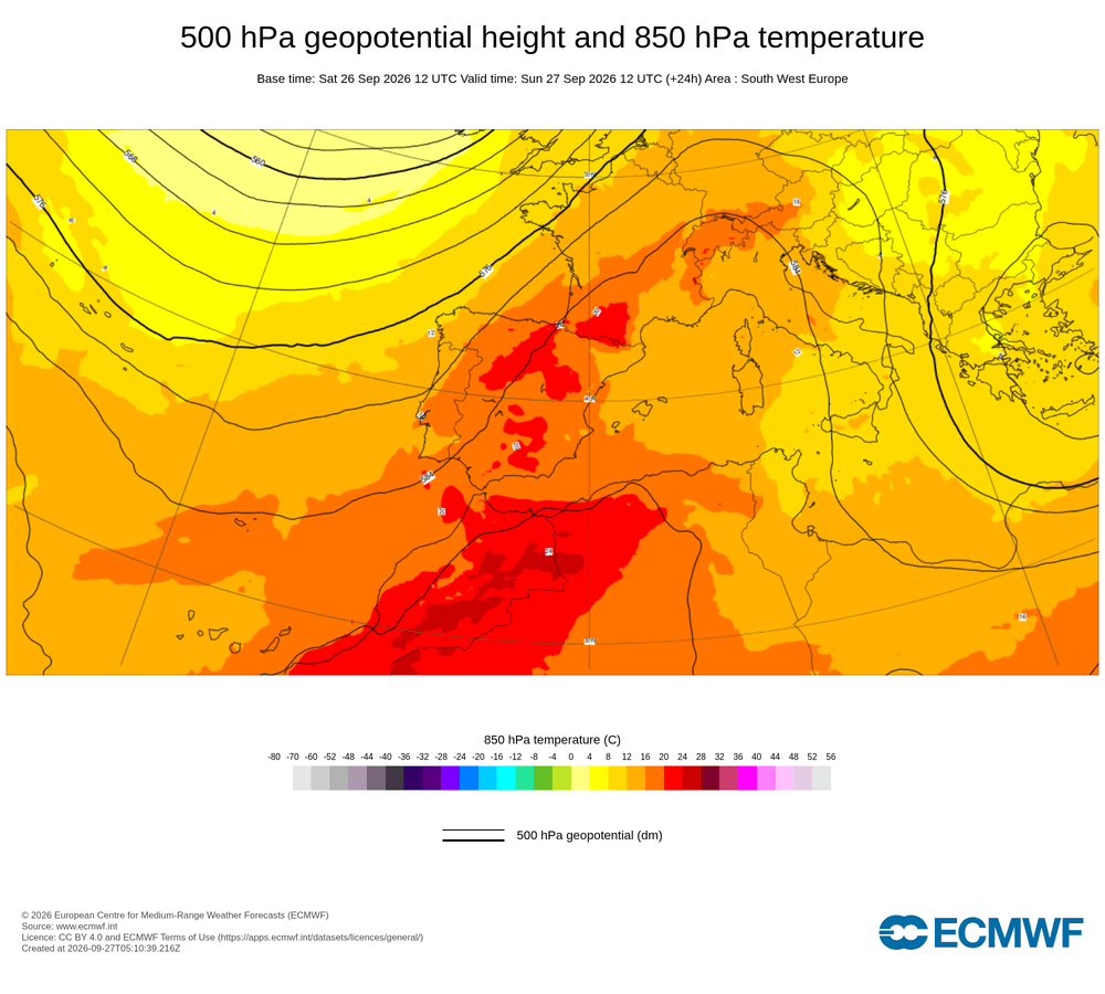 Geopotencial a 500 hPa i temperatura a 850 hPa: anticicló dominant tallant la circulació de borrasques.