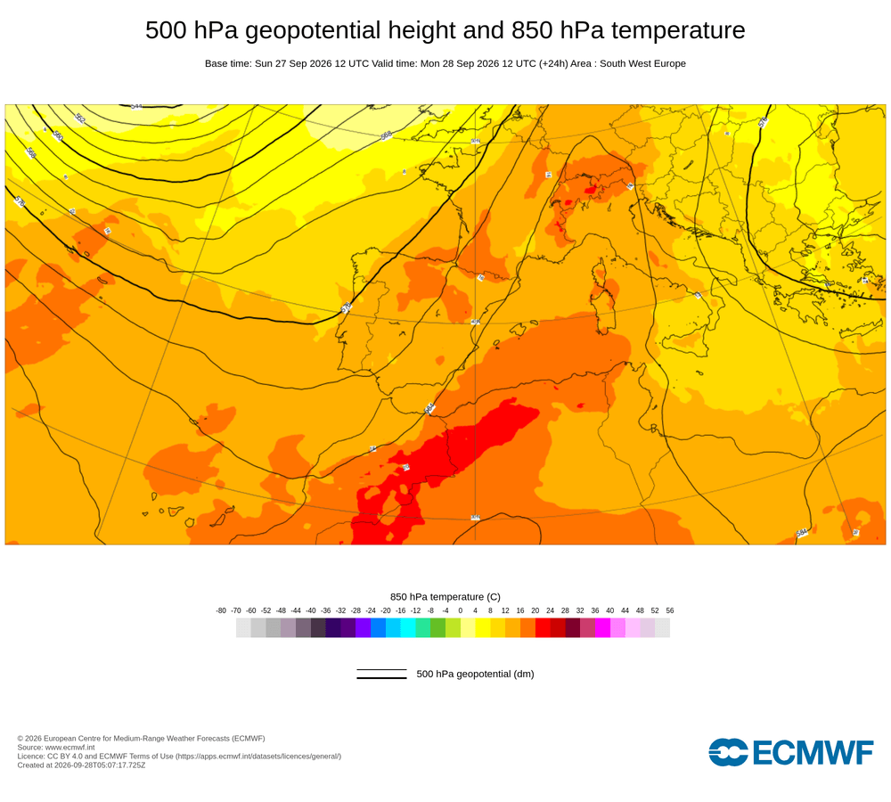 Geopotencial a 500 hPa i temperatura a 850 hPa: convergència marítima de rebuf per xoc de fluxos costaners.
