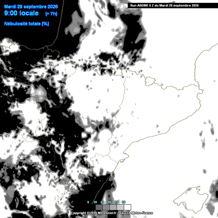 Cobertura nuvolosa prevista al llarg del dia (model AROME, alta resolució sobre Catalunya).