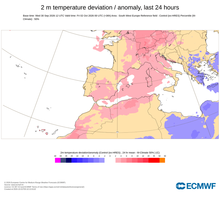 Anomalia de temperatura prevista avui, demà i demà passat: predomini absolut del vermell a tot el territori amb valors molt per damunt del normal, marcant una situació de calor excepcional que afecta especialment el Pirineu i el litoral català.