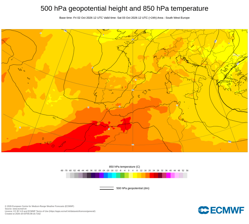 Geopotencial a 500 hPa i temperatura a 850 hPa: circulació de dorsals en alçada amb temperatures suaus a mitja troposfera a tot el sector mediterrani peninsular i sense incidència destacable sobre el territori català.