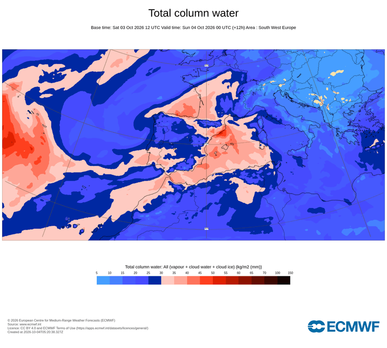 Aigua precipitable, d'avui a demà passat: arribada de valors excepcionals de vapor d'aigua per llevant des del golf de Lleó fins a les Balears i restes més contingudes a l'interior català.