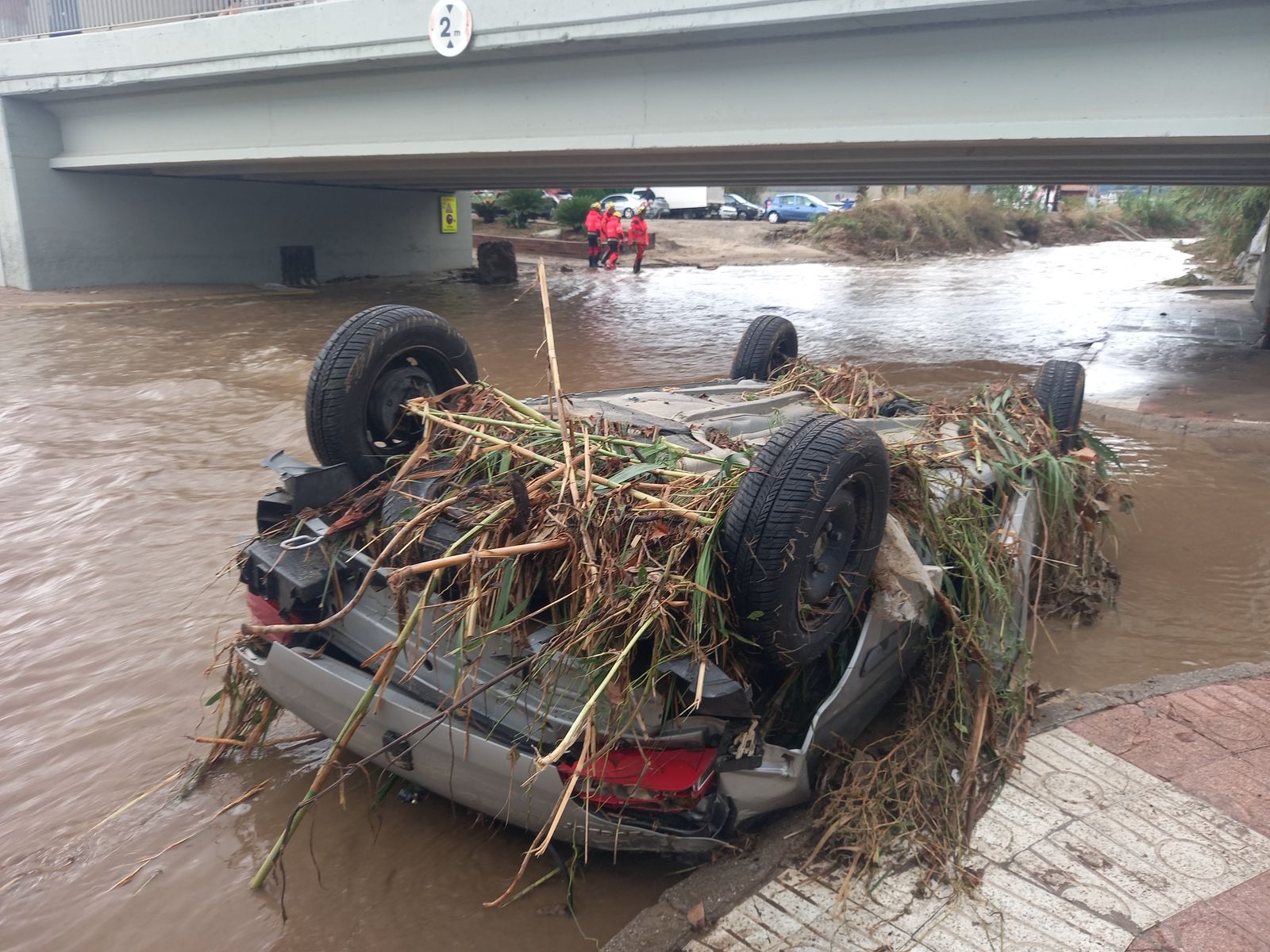 Un vehicle bolcat i cobert de restes de vegetació arrossegat per la riuada sota un pont.