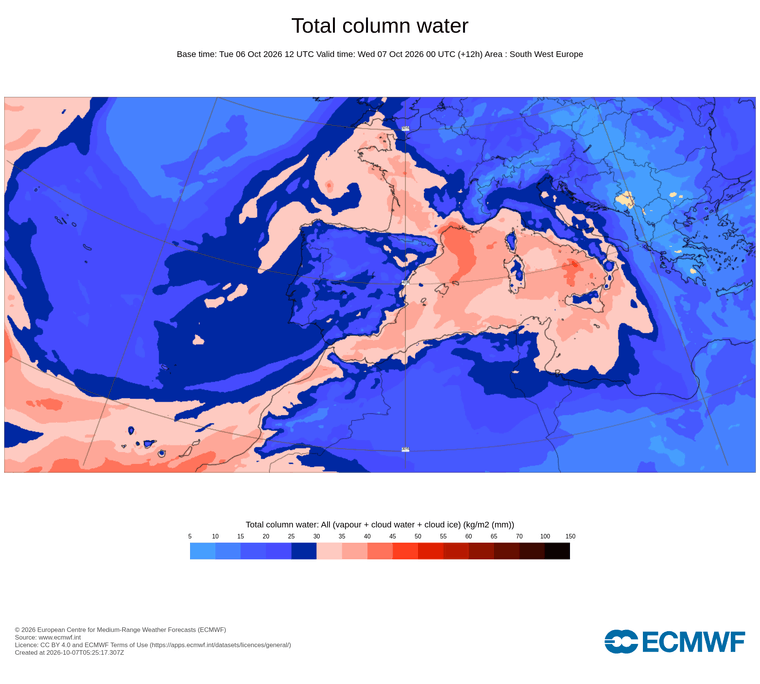 Aigua total de la columna atmosfèrica, d'avui a demà passat: el flux de sud-oest arrossega humitat cap a les Balears i el golf de Lleó amb registres elevats a la columna.