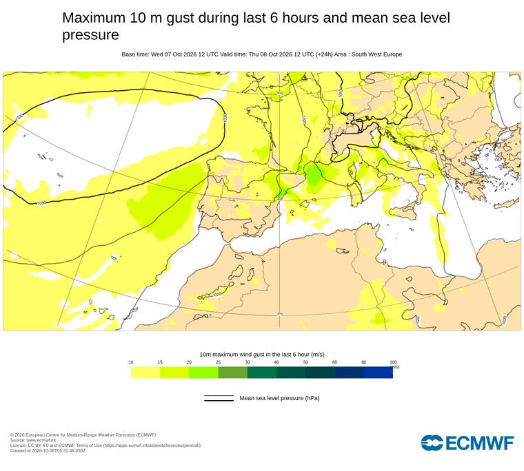 Ràtxes màximes cada 6 hores, d'avui a demà, amb les isòbares: on i quan bufarà més fort.