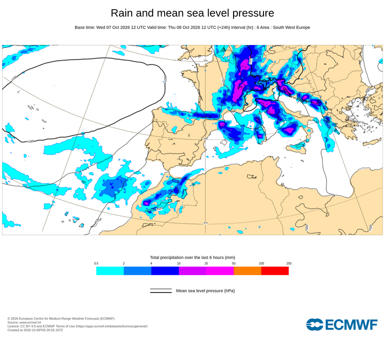 Isòbares i pluja cada 6 hores, d'avui a demà: veiem l'anticicló dominant al nord-oest peninsular amb pressions altes i una petita depressió al golf de Lleó, marcant un gradient suau que afecta el nord peninsular i deixa estables les illes Balears.