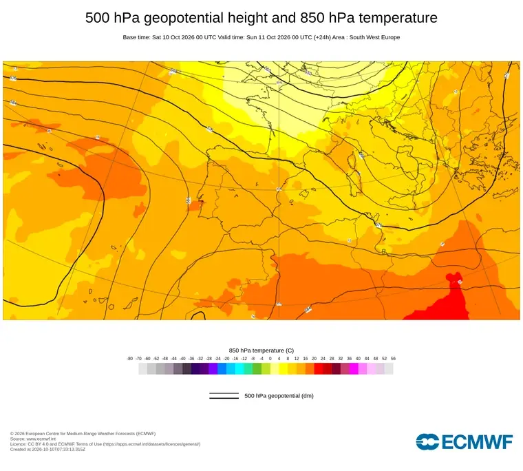 Evolució del geopotencial a 500 hPa i la temperatura a 850 hPa els pròxims dies.