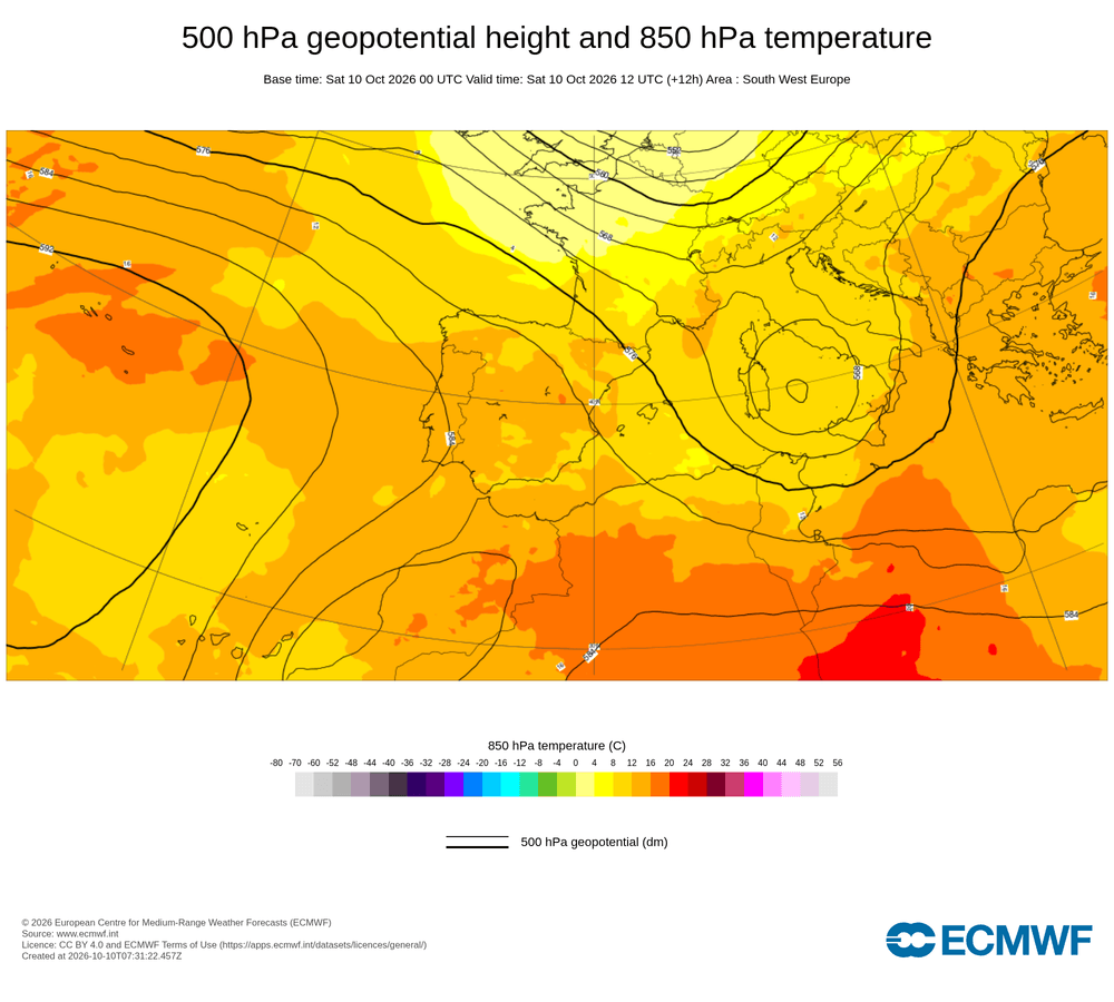 Geopotencial a 500 hPa i temperatura a 850 hPa: un solc s'estén pel golf de Lleó amb aire fresc en alçada mentre predomina l'estabilitat general sense canvis immediats al territori.