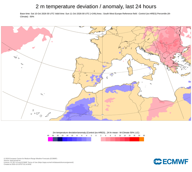Anomalia de temperatura prevista avui, demà i demà passat: predomini general d'anomalies negatives a tota la península i a casa nostra amb un ambient clarament més fred del que tocaria per a l'època de l'any.