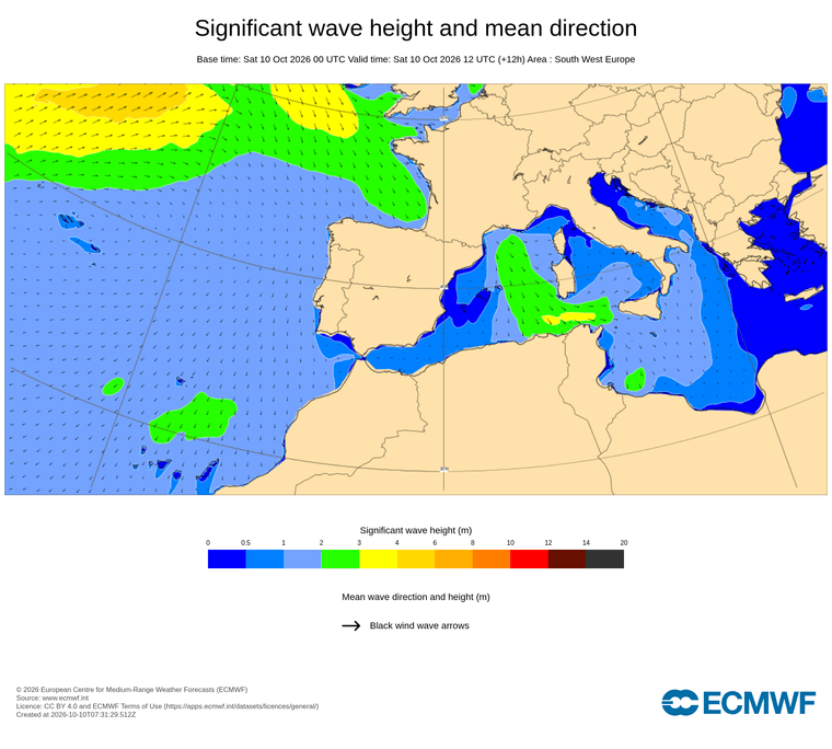 Alçada de l'onada cada 6 hores, d'avui a demà: onades curtes de component est a la costa central i tramuntana moderada al cap de creus mentre el mar obert manté una fonda mar de fons del nord oest que no arriba a trencar amb força al litoral català.