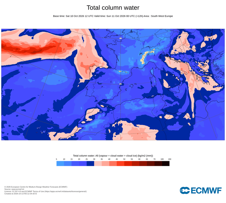 Aigua total de la columna atmosfèrica, d'avui a demà passat: s'observa una massa d'aire notablement carregada d'humitat que avança cap al nord-oest peninsular, mentre el territori català es manté al marge d'aquesta entrada de vapor d'aigua.
