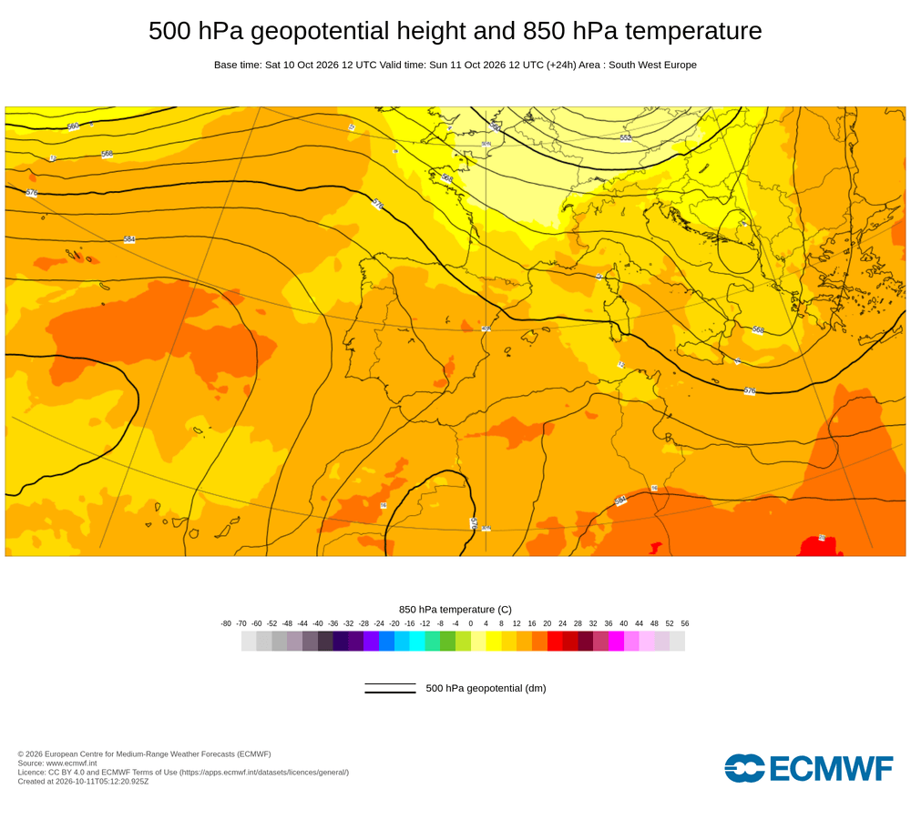 Geopotencial a 500 hPa i temperatura a 850 hPa: s'observa una dorsal estesa sobre la península amb una massa d'aire càlid a mitja troposfera, assegurant l'estabilitat atmosfèrica generalitzada i temps plàcid a casa nostra.