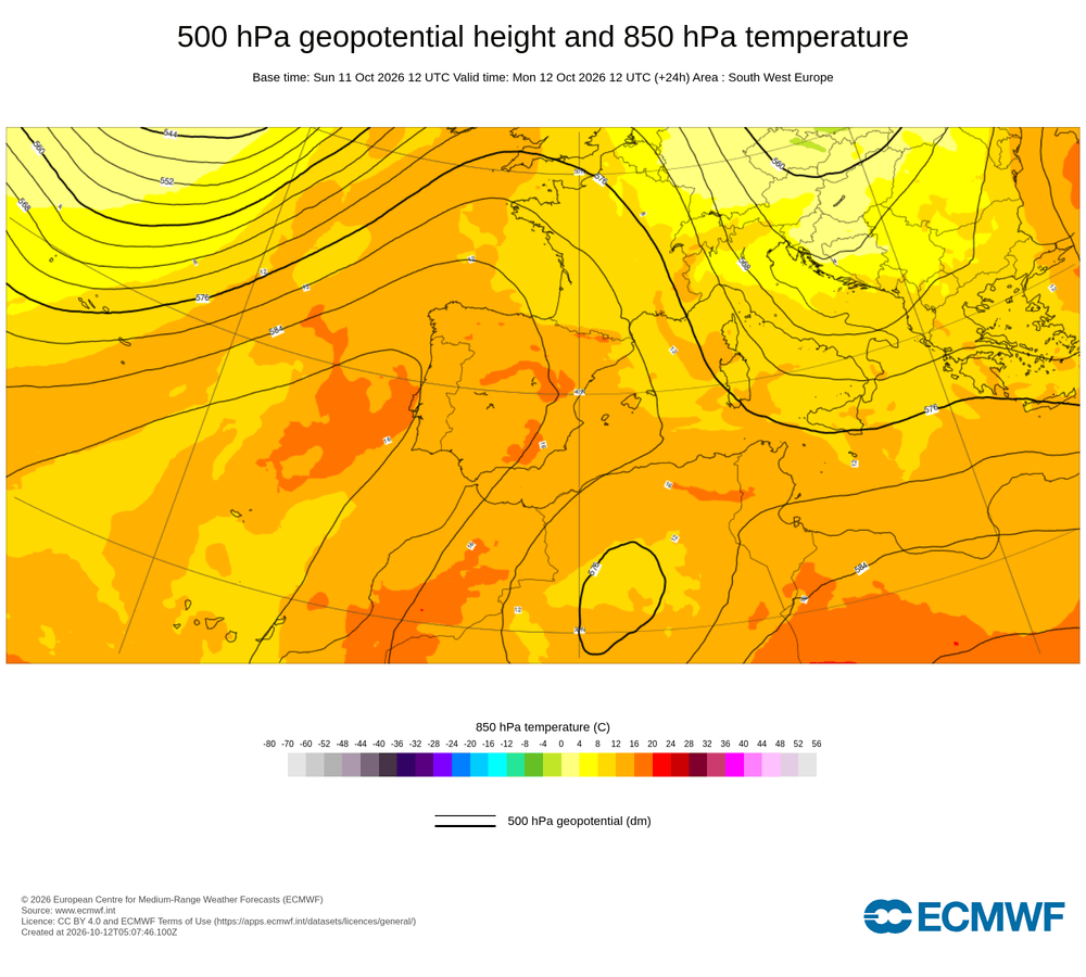 Geopotencial a 500 hPa i temperatura a 850 hPa: s'observa un solc marcat al golf de Lleó amb aire fred en alçada que abasta Catalunya i tendeix a desplaçar-se cap a l'est en les properes hores.