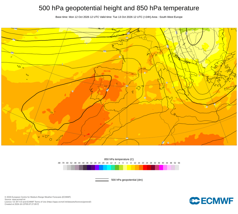 Geopotencial a 500 hPa i temperatura a 850 hPa: dorsal estesa sobre la península amb valors alts de geopotencial i temperatures moderades a mitja troposfera a tot el sector central, sense canvis destacables per al temps a casa nostra.
