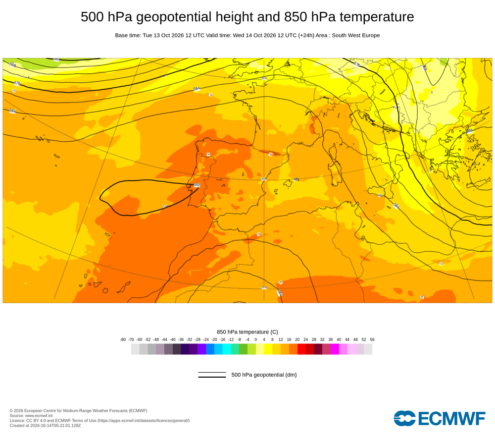 Geopotencial a 500 hPa i temperatura a 850 hPa: una dorsal dominant en alçada abasta la península mentre impulsa una massa d'aire estable a uns mil cinc-cents metres sobre el territori català.