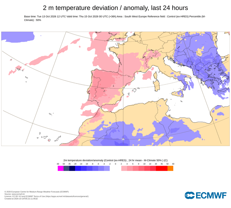 Anomalia de temperatura prevista avui, demà i demà passat: predominen clarament les anomalies positives a gairebé tot el territori català amb valors per sobre del que és habitual, marcant una situació de calor notable al prelitoral i a la zona central que s'allargarà durant les properes jornades.