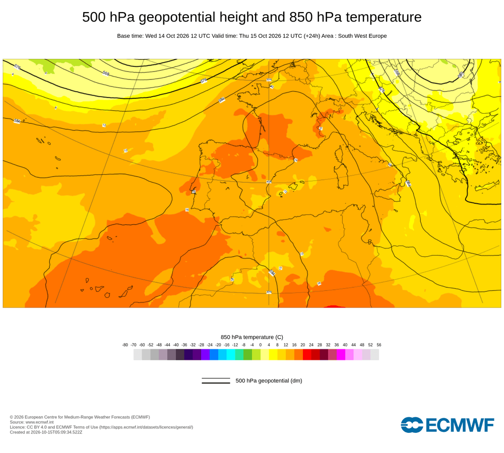 Geopotencial a 500 hPa i temperatura a 850 hPa: dorsal estesa sobre el territori amb geopotencials elevats i temperatures suaus a mitja troposfera que asseguren estabilitat atmosfèrica generalitzada sense canvis a la vista per als pròxims dies.