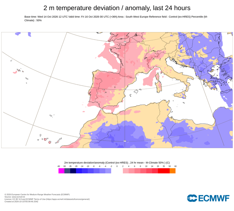 Anomalia de temperatura prevista avui, demà i demà passat: predomini generalitzat d'anomalies càlides a gran part del territori, amb valors clarament superiors als habituals per a l'època a l'interior i al sector pirinenc.