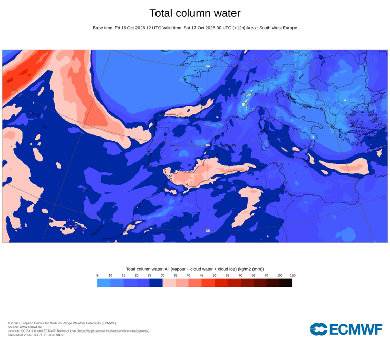 Aigua total de la columna atmosfèrica, d'avui a demà passat: colors càlids sobre el nord d'Àfrica amb un flux moderat d'origen marítim que no assenyala cap aportació humida significativa cap al nostre territori.
