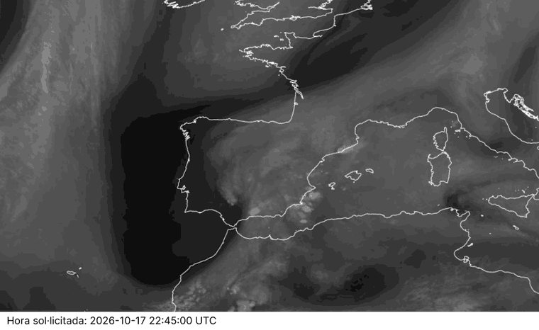 Satèl·lit de vapor d'aigua, darreres hores: imatge de vapor d'aigua amb tonalitats fosques al golf de Cadis que mostren aire sec en alçada i una entrada d'humitat moderada que afecta de retruc el nord-est peninsular.