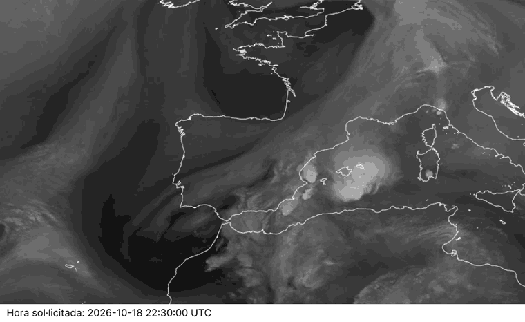 Satèl·lit de vapor d'aigua, darreres hores: arribada d'humitat abundant a mitjans nivells des del golf de Cadis cap al nord peninsular i Balears, mentre l'aire sec domina l'atlàntic occidental.