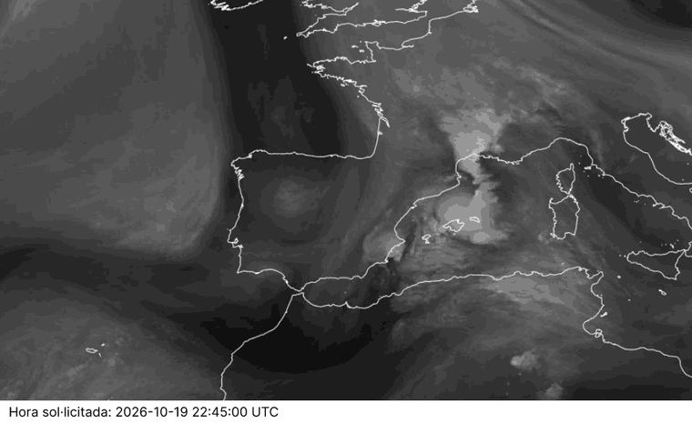 Satèl·lit de vapor d'aigua, darreres hores: aire sec avançant des del nord-oest peninsular mentre la nuvolositat i la humitat dominen el golf de Lleó, sense incidència remarcable sobre Catalunya a curt termini.