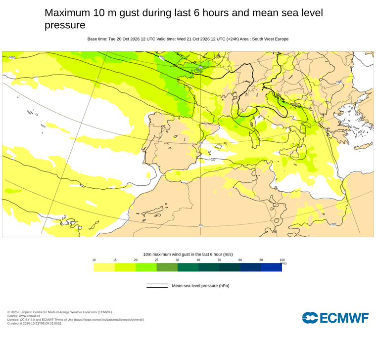 Ratxes màximes cada 6 hores, d'avui a demà, amb les isòbares: veiem les isòbares i el gradient de pressió marcat amb la baixa al golf de Lleó, amb el vent de component nord accelerat al cap de Creus i al llarg del litoral.