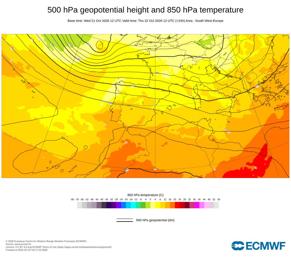 Geopotencial a 500 hPa i temperatura a 850 hPa: s'observa un solc marcat al golf de Lleó amb aire fresc en alçada, mentre la tendència posterior indica estabilització progressiva a tot el territori.